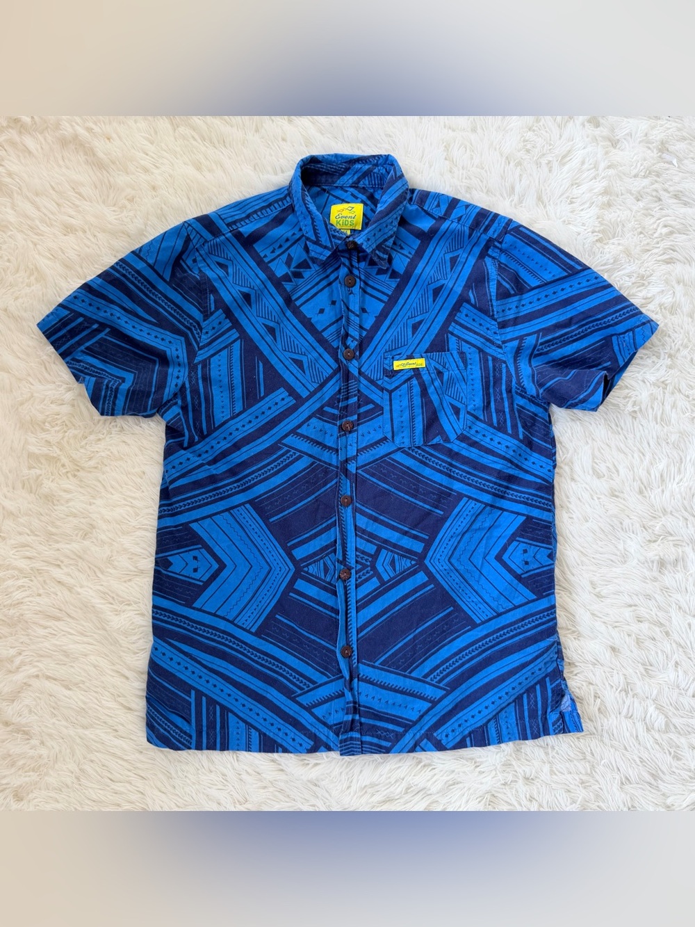 Boys’ Blue Polynesian Tribal Short Sleeve Button Down, Size 14